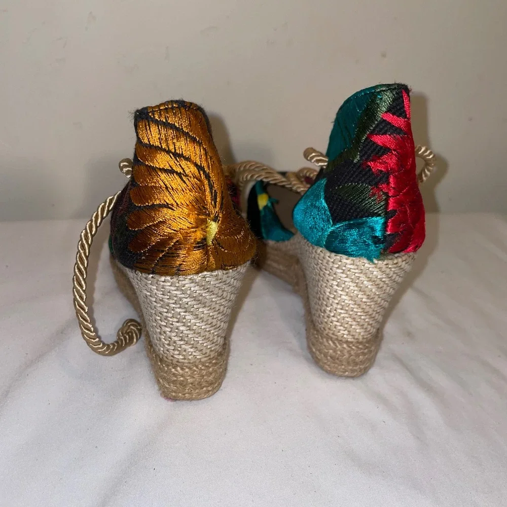 Ikal Bolom Floral Embroidered Wedge Espadrilles Rope Lace Up Sandals Size 3